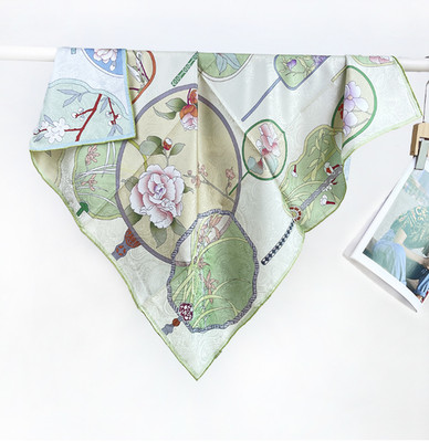 100% Silk Mulberry Scarf Bandana Shawl 35'' Green lotus Print Neckerchief Wrap