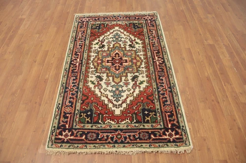Hand-Knotted Medallion Wool Carpet Geometric Beige Indian Rug 3x5 Ft Foyer Rug - Picture 2 of 12