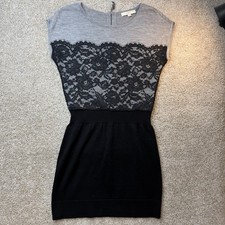 LOFT Sweater Dress Womens M Black Gray Short Sleeve Floral Lace Knit Short