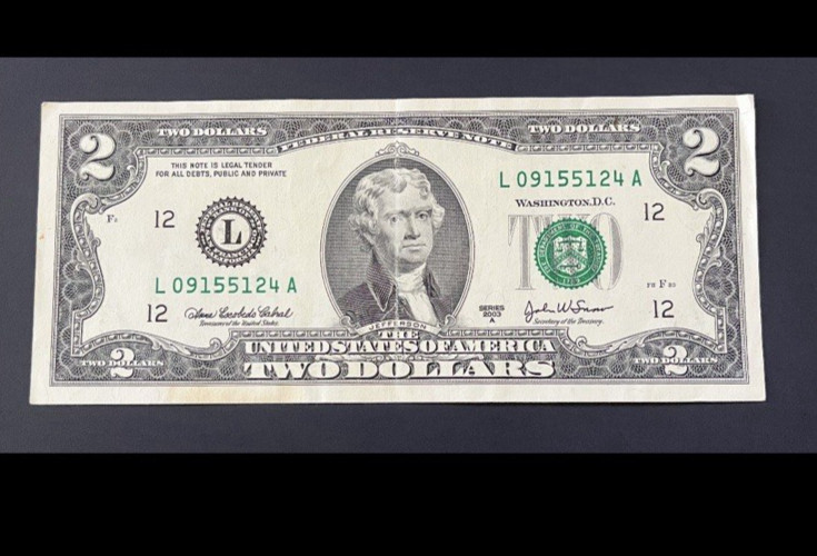 ERROR $2 DLL BILL - OVERINK ON SERIAL #: "5", FRB L12, 2003A, CIRC.