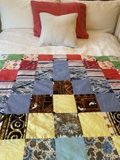 Vtg Patchwork King Quilt 60 s Farmhouse Multicolor Handmade Boho Crazy Hand tied