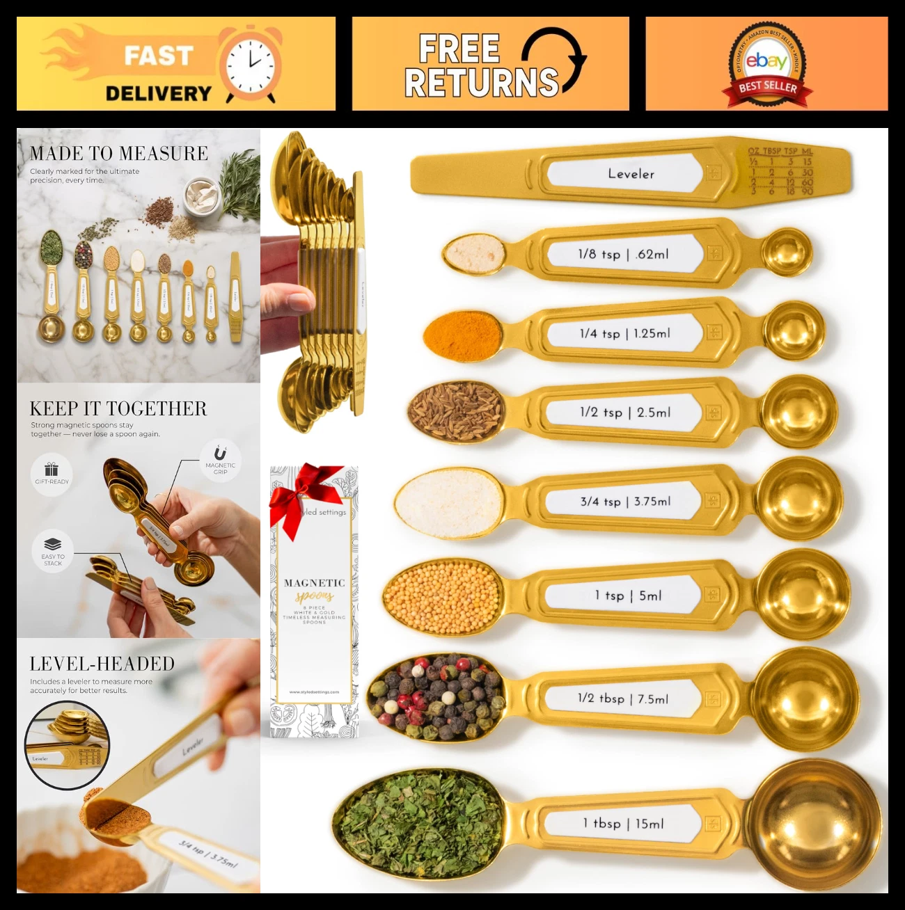 8PC White & Gold Magnetic Measuring Spoons Set - Dual-Sided, Stackable, Fits Spi
