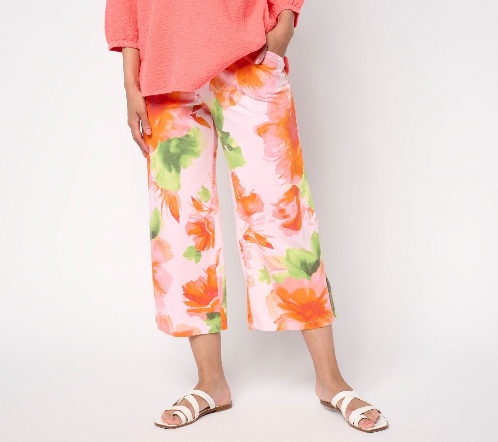 Denim & Co. Women's Petite Pants PM Beach Jersey Printed Multi-colored A691785