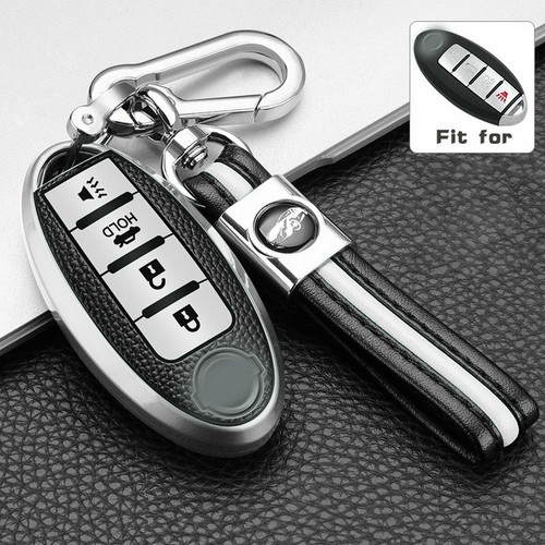 For 4-Button Remote Leather Protect Key Fob Case Chian Cover For Infiniti Nissan