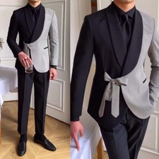 Tredny Men's Suits Splicing Houndstooth Shawl Lapel Lace Up Casual Activewear