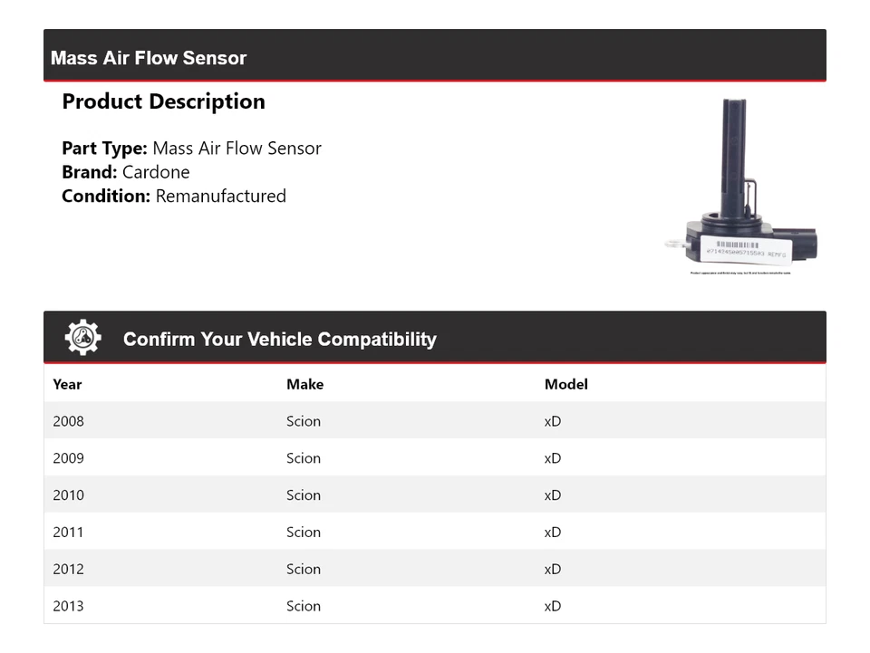 Sensor de flujo de aire másico Cardone para Scion xD 2008-2013 2009 2010 2011 2012 Foto 2 de 4