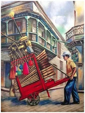 8067.Man pushing red cart with various brooms on street.POSTER.art wall decor
