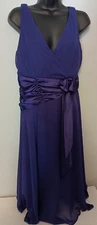 Purple Fit-N-Flare Dress Sz 16 Plunging Neck Full Chiffon Skirt Satin Tie Waist