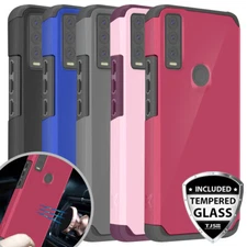 For Cricket Ovation 3 Phone Case Mount Friendly Hybrid Hard Cover+Tempered Glass