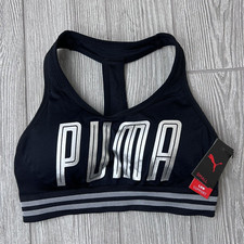 New PUMA Seamless Sports Bra Low Support Removable Cups Black Silver Women's S