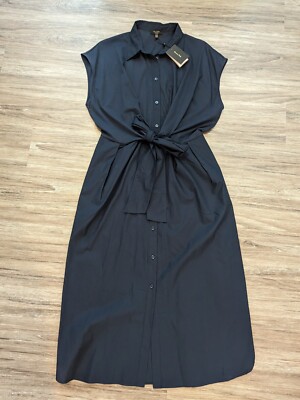 Massimo Dutti Midi Navy Blue Poplin Shirt Dress W/ Tie Knott Full Button Size XS