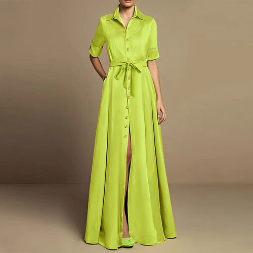 Robe maxi chemise boutonnée col V femme Royaume-Uni manches courtes OL robes longues - Photo 7/18