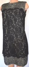 DOLCE GABBANA TWEED BLACK/WHITE LACE WIGGLE PENCIL SLEEVELESS DRESS SIZE 46