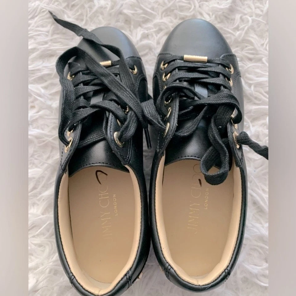 RRP US$950 NEW Jimmy Choo women black leather low top sneakers US7 EU37 - Image 3 of 4