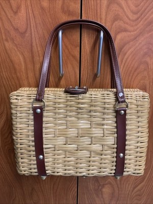 Vintage British Hong Kong Leather & Woven Basket Lunch Box Purse Sharonee