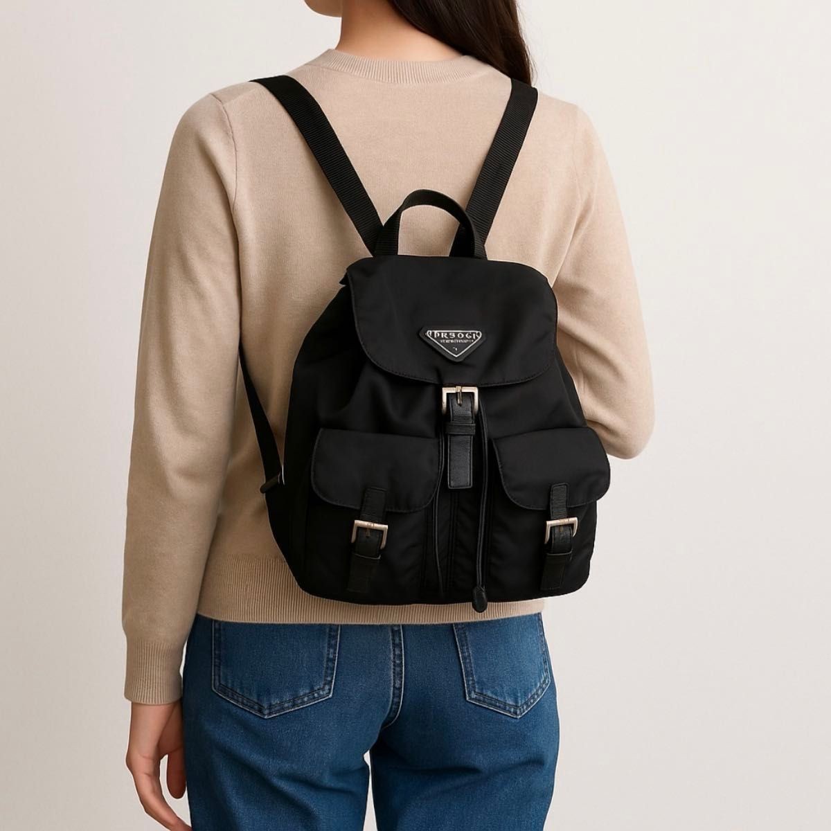 PRADA backpack triangular logo nylon leather blac… - image 11