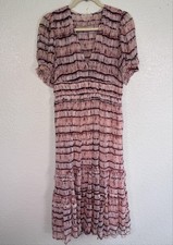 Ulla Johnson Elodie Dress Womens 8 Silk Midi Ruffle Boho Sundress Blush Tie Dye