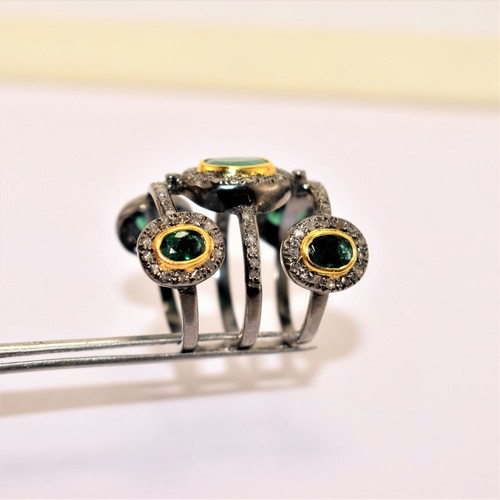 Anello Pave Diamante con Pietra Preziosa Smeraldo, Anello in Argento... - Foto 4 di 7