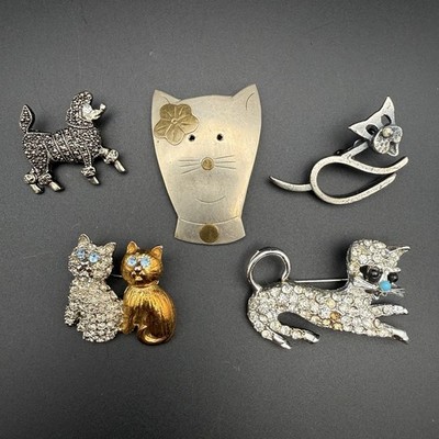 Vintage Two Tone Crystal Rhinestone Kitty Cat & Dog Brooch MCM Scatter Pin Lot/5