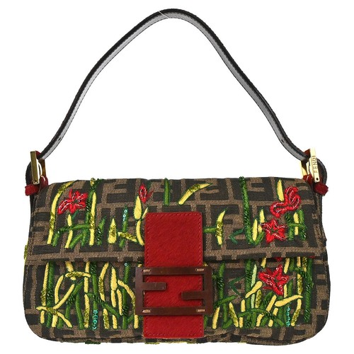 Fendi Brown Pony Hair Beads Sequins Zucca Baguette Handbag 2384-26424-009 167699