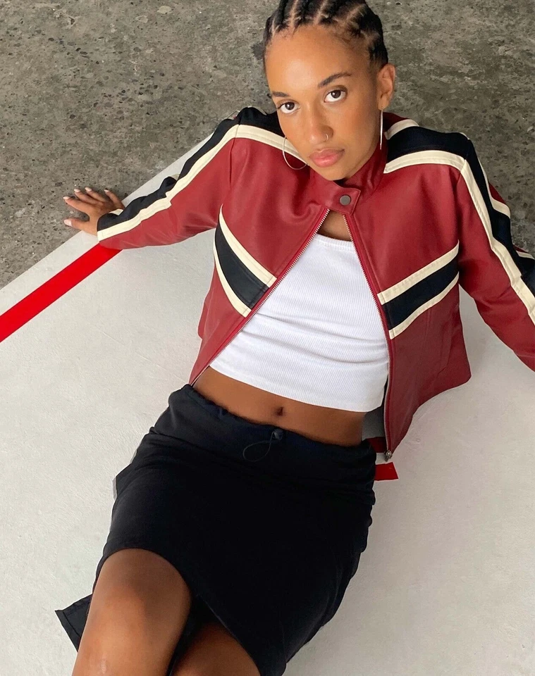 Women's Red Leather Jacket Biker Striped Moto Lambskin Coat - Image 4 of 4