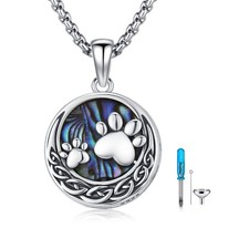 Celtic Urn Necklace for Ashes 925 Sterling Silver Paw Prints Necklace Abalone...