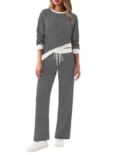 Tankaneo Womens Sweatsuits 2 Piece Sets Striped Long Sleeve Small, Black 