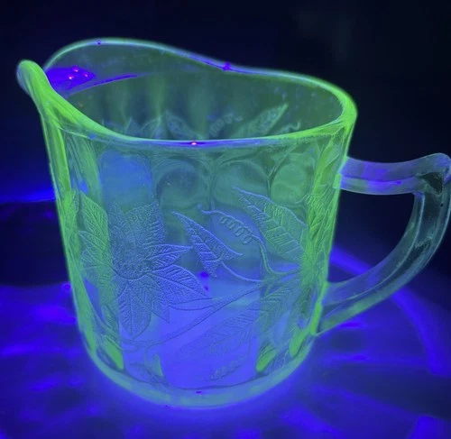 Uranium Glass Mini Pitcher. Etched Floral Design. Depression Glass.