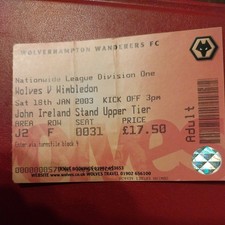 WOLVERHAMPTON WANDERERS v WIMBELDON MATCH TICKET 2002/3