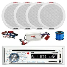 Pyle BT Marine CD Stereo Receiver, BT Amp w/Kit, 4X 6.5" 400W White Speaker,Wire