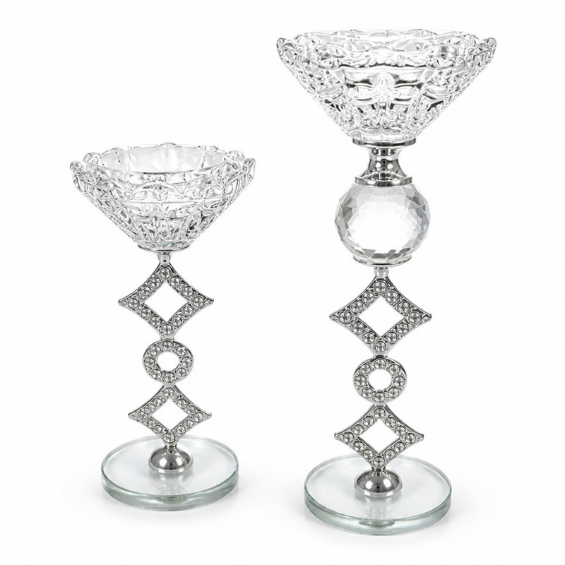 2pc Clear Crystal-Style Glass Candle Holders Geometric Stem Silver Base