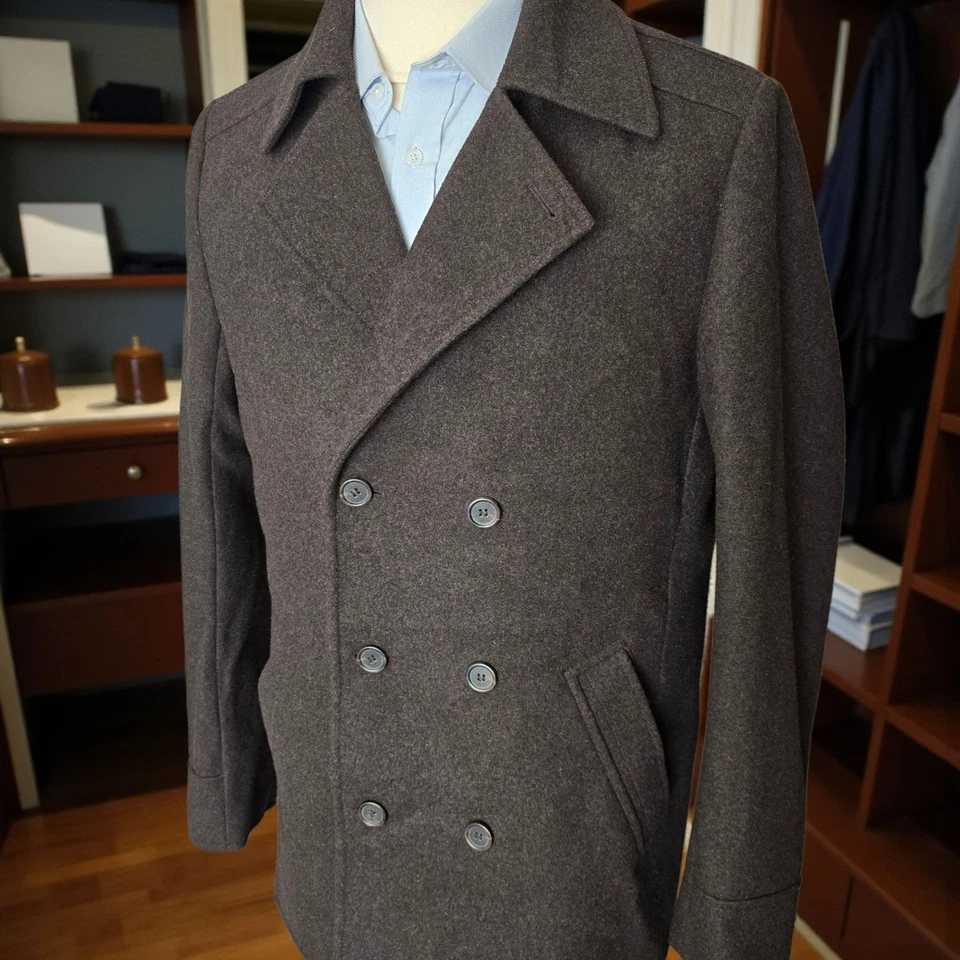 Hugo Boss Double Breasted Coat Size XL 42L Flannel Peacoat - Image 3 of 4