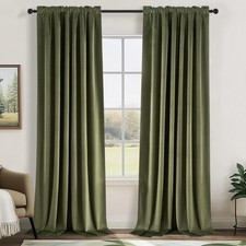 Olive Green Velvet Blackout Curtains 84 Inches Long, Soundproof Room Darkenin...