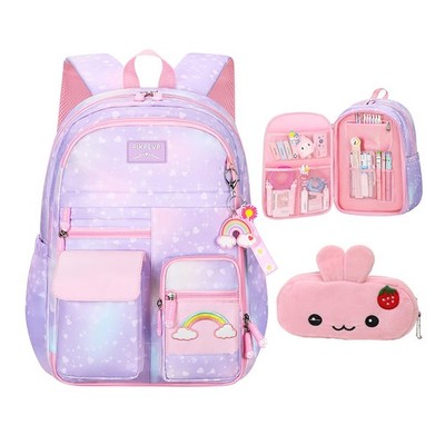 Cute Girls Backpack Starry Rainbow Large Capacity Multifunction Travel Bag