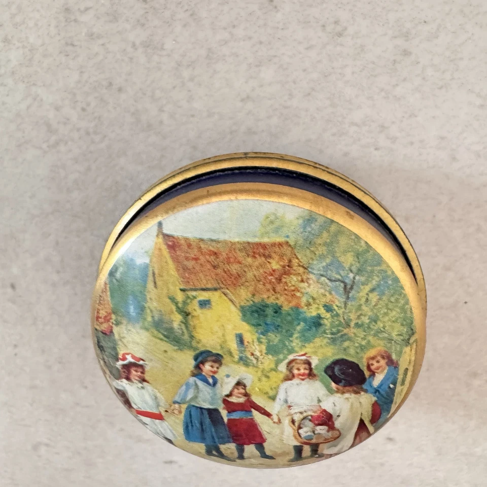 Vintage Pillendose aus Metall blau-gold mit Kindermotiv - Bild 4 von 4
