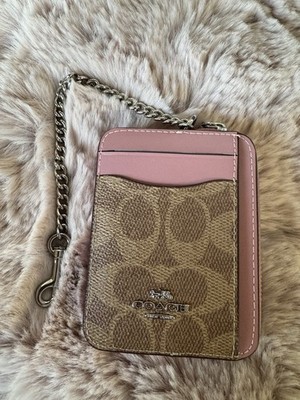 COACH CW883 Zip Card Case In Signature Canvas & Leather Silver/Tan/Dusty Pink