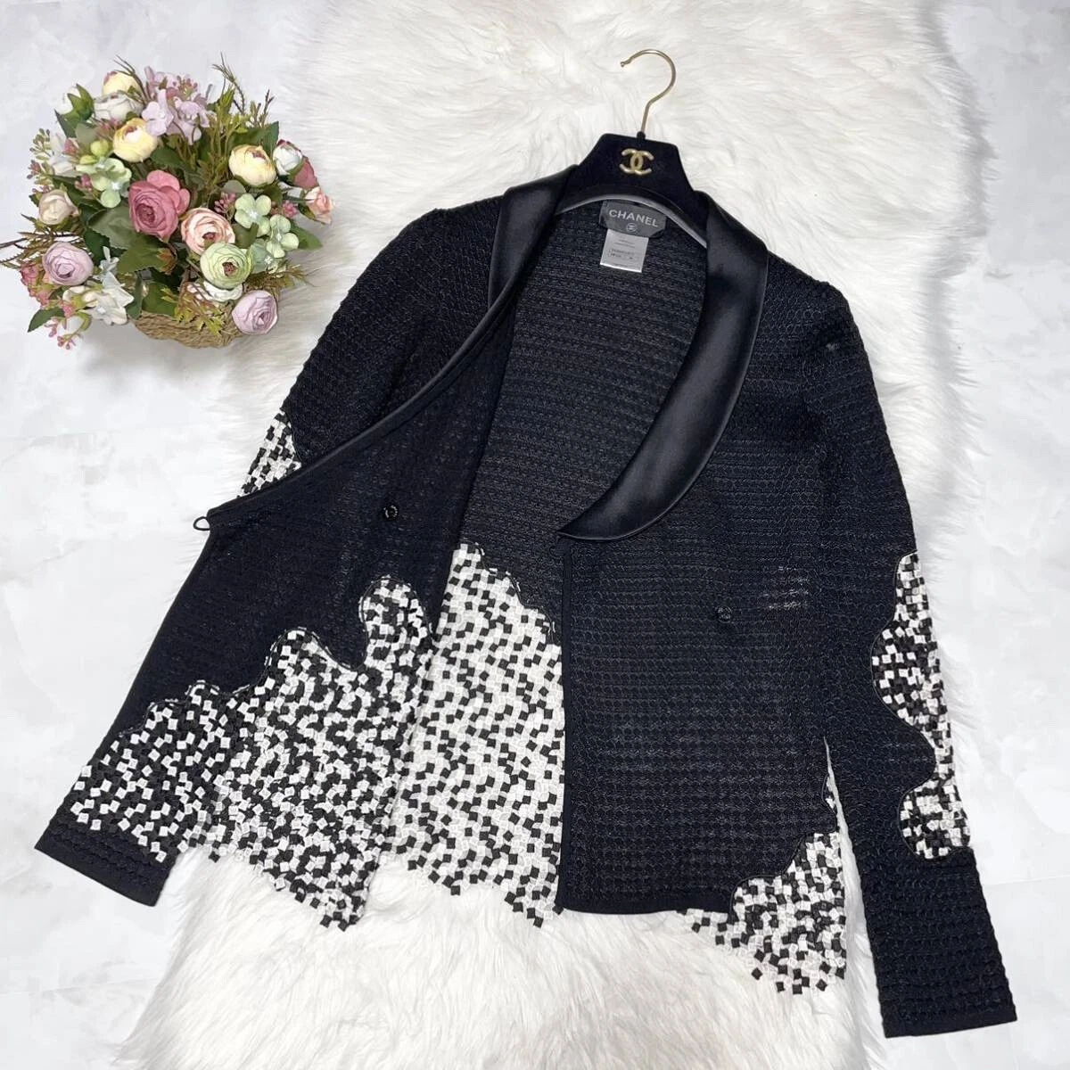 Autentico cardigan Runway CHANEL risvolto fumo manica lunga lavorata a maglia 36 nero