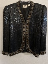 Vintage NiteLine Silk Gold and Black Sequined and Beaded Blazer Jacket - Med