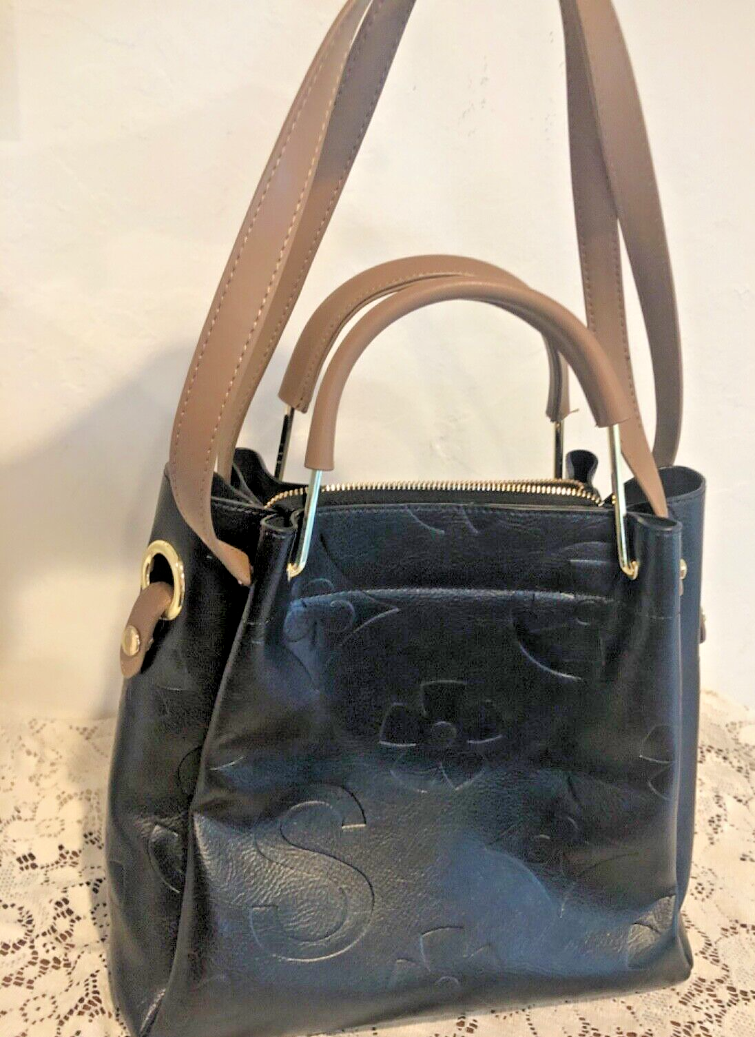 HANDBAG Shoulder Bag Embossed Black Faux Leather Tan Handles Zip Top-image