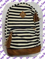 Navy Blue & Cream Striped Extra Large Backpack Woven Fabric Fits Carry On Limits
