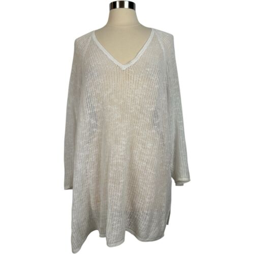 Maglione bianco EILEEN FISHER donna taglia XL scollo V cotone biologico lino tessuto aperto - Foto 2 di 18