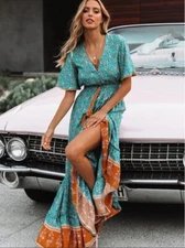 Women's Casual V-Neck Sundress Boho Floral Printed Summer Wrap Beach Cover Dress
