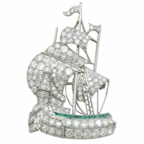 Impressive White Single Cut White Stone with Galleon Ship Design Silver Brooch - Picture 1 of 8
