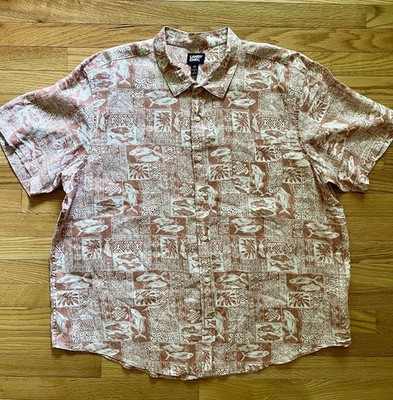 Lands' End Mens XXL 100% Linen Pink/White Fish Print SS Shirt 50-52
