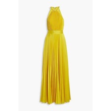 Alice + Olivia NEW Alycia Pleated Satin Maxi Dress Yellow Size 0 MSRP $660