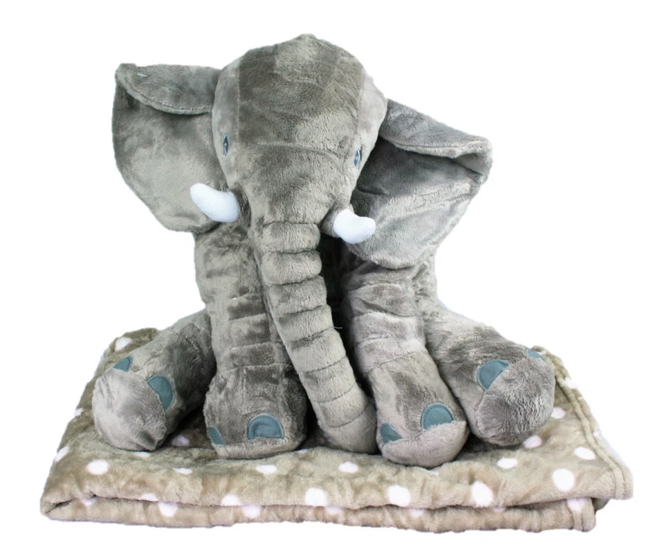 GESCHENKESTADL Elefant mit Decke 80 x 100 cm Grau Kuscheltier Kissen 45 cm mit Kuscheldecke