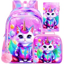 3PCS Girls Cat Backpack, 16" Unicorn Bookbag with Lunch Box for Kids, Water R...