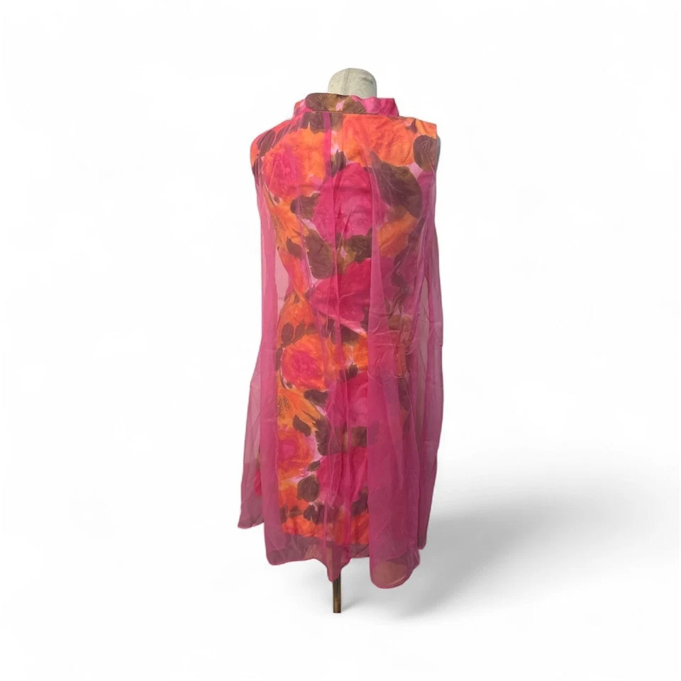 UNIQUE! Vintage Alice of California CHIFFON CAPE OVERLAY FLORAL DRESS SZ M/L - Image 3 of 4