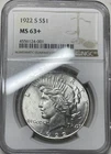 1922-S Peace Dollar NGC Ms 63+ Nice Strong Strike