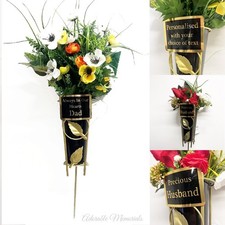 Personalised Gold Leaf Grave Flower Vase and Black Plastic Pot, Any Name Or Text